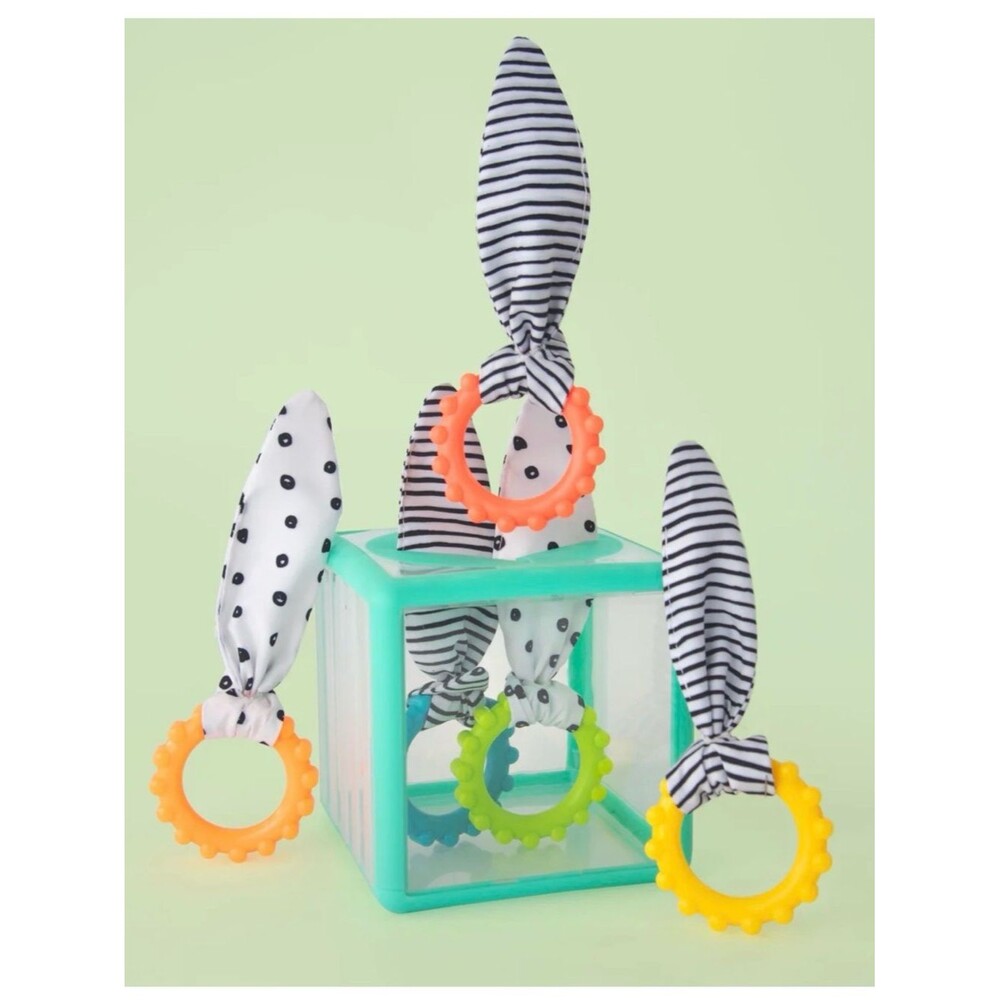 Sassy Striped & Polka Dot Bunny Ear Teething Rings - Orange, Yellow, Lime, Aqua